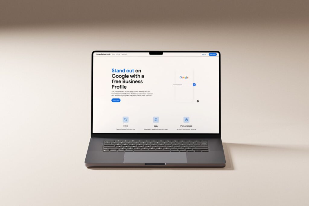 Google Business Profile for travel agents pulled up on a laptop, walkthrough guide by JetSite & Roam