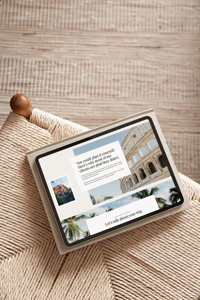 an ipad on a chair, with a travel agent website on screen