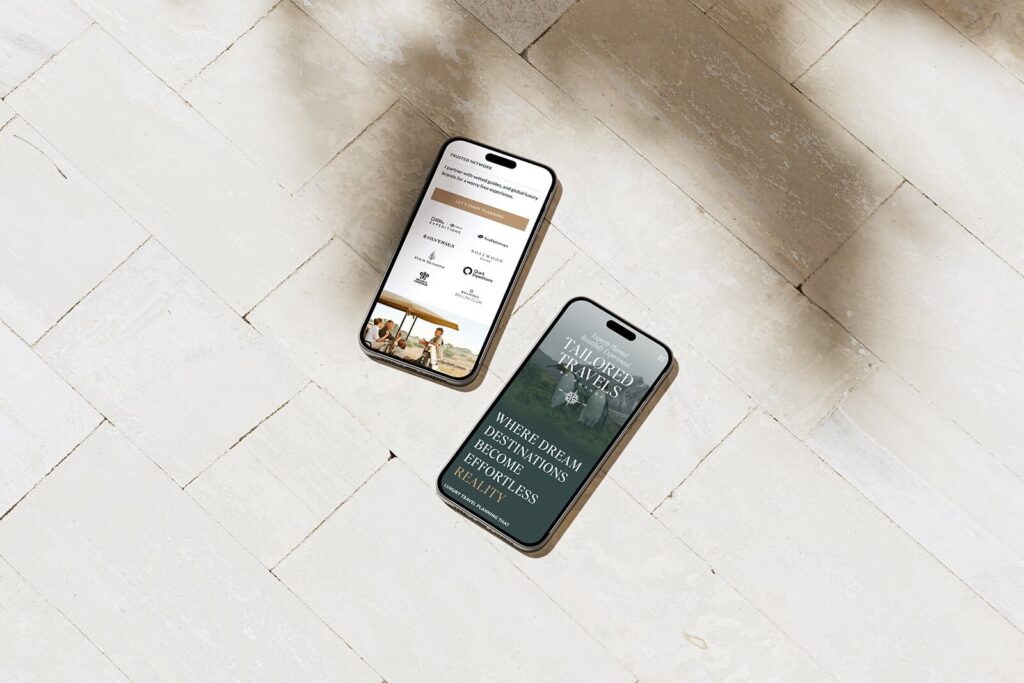 2 phones on outdoor tile, showing a travel advisor website on screen, designed by JetSite & Roam