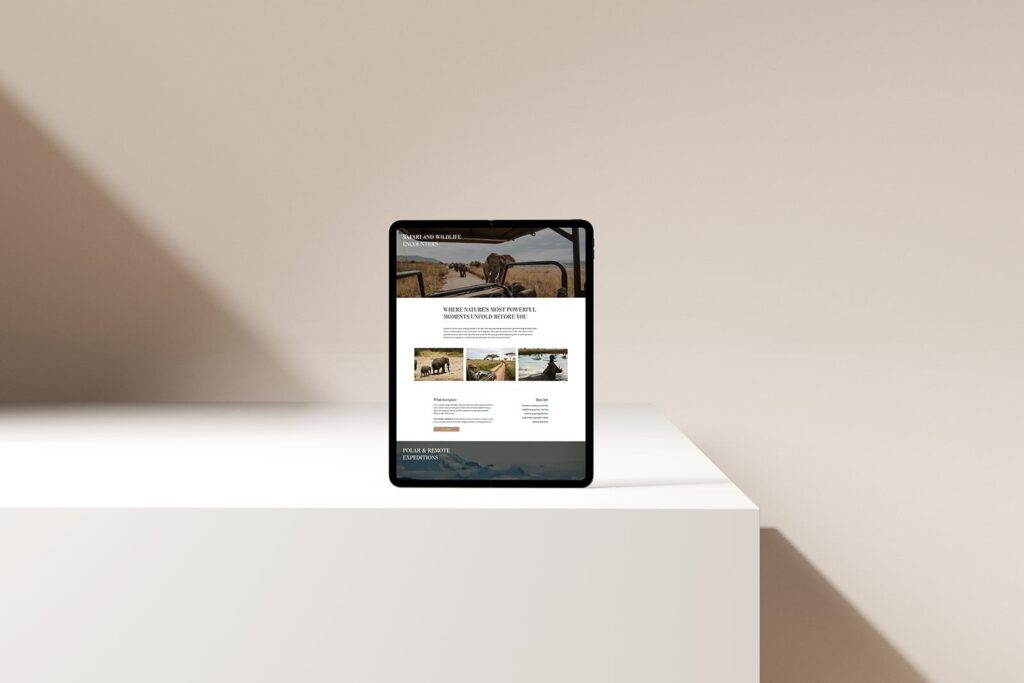 Mockup of a travel agent website on an iPad screen, but JetSite & Roam