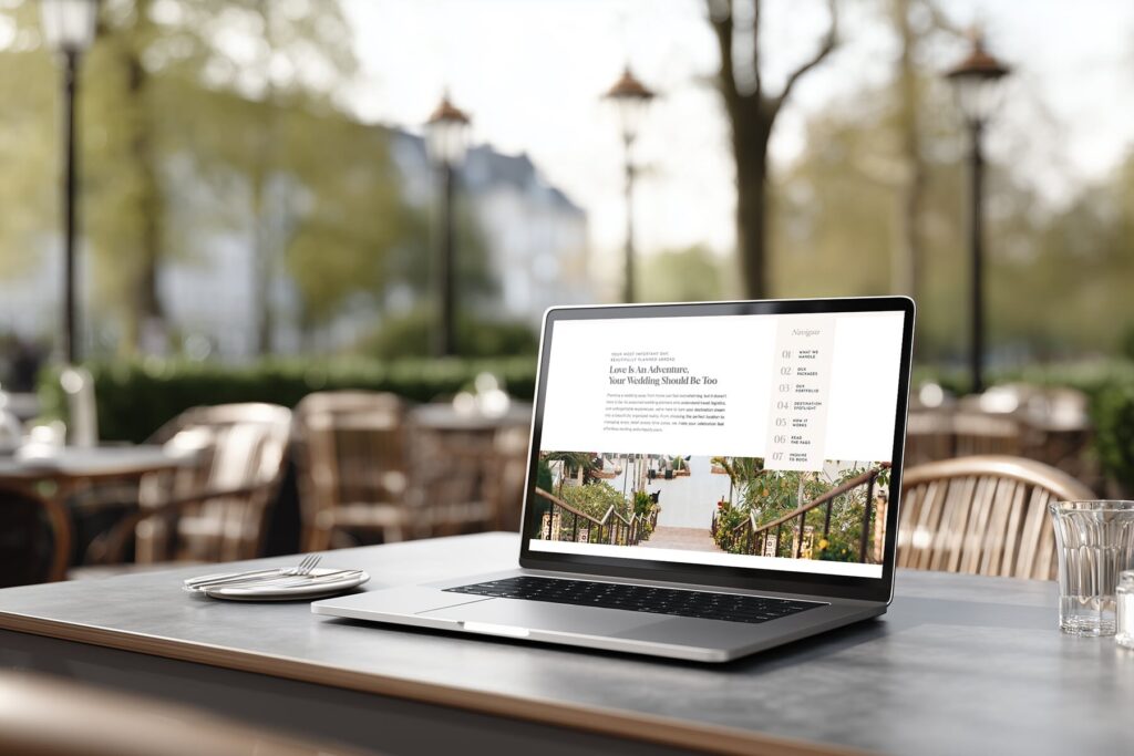 a laptop open at an outdoor cafe, showing travel advisor website on screen, of an advisor who has a wedding niche