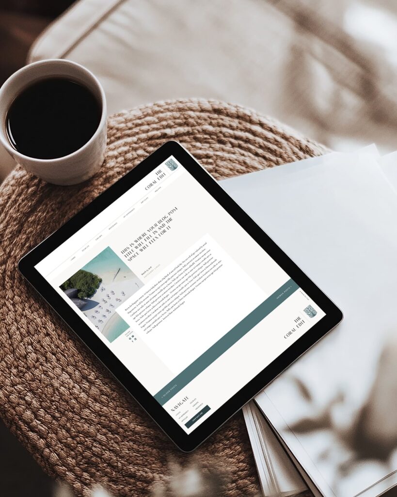iPad on an ottoman beside a cup of coffee. A travel advisor blog design on screen