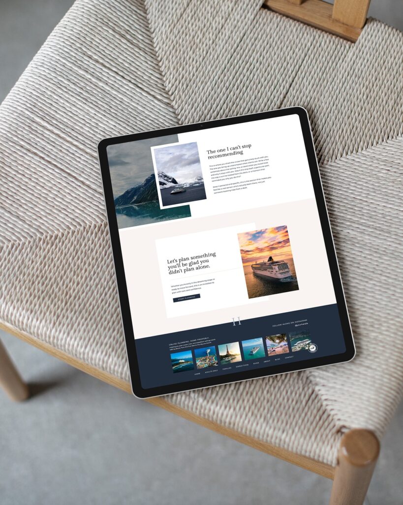 iPad on a chair with a travel advisor site template on screen